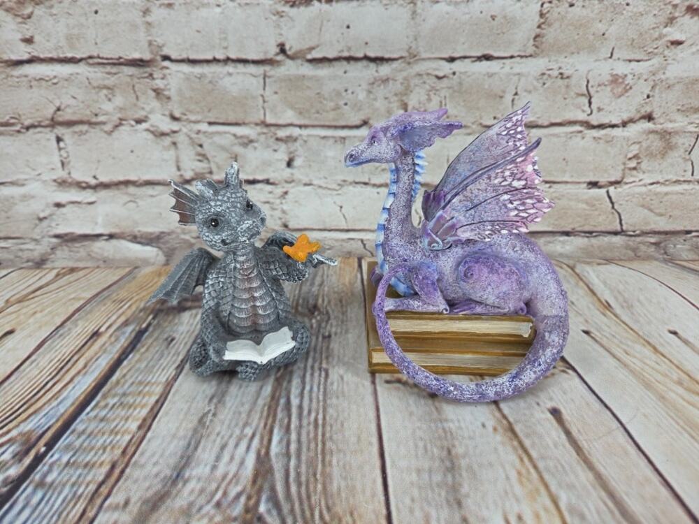Lot of 2 Dragon Figurines with Books Reading Fantasy Books